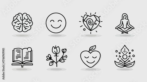 Mental health and well-being line icons. Mindfulness, self-care, personal growth, happiness, and balanced lifestyle vector concept set.