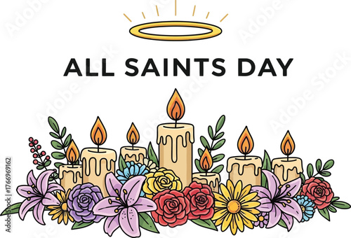 Illustration of candles and flowers for all saints day, a day to remember saints