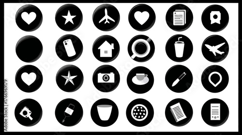 Monochrome vector icon set for web design, app UI, and digital projects. Minimalist black and white symbols for everyday concepts.