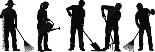 Gardening worker silhouettes, outdoor tools, shovel, rake, watering can, pitchfork action, soil care, planting, manual labor, nature, farming
