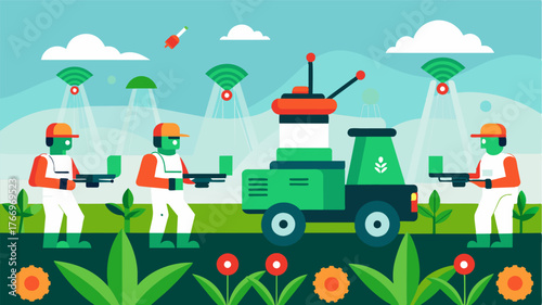 A group of robotic weed harvesters work in synchronization with AIpowered sensors to detect and remove invasive plants minimizing the need for herbicides and increasing crop yield.. Vector