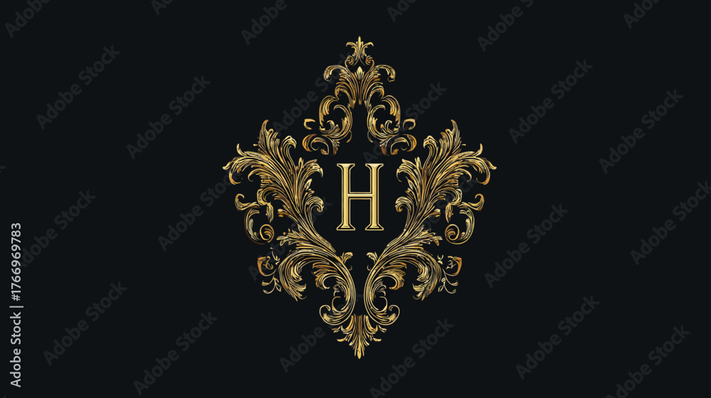 Naklejka premium Elegant Golden Ornate Baroque Frame with Letter H Monogram on Black Background for Luxury Branding and Design