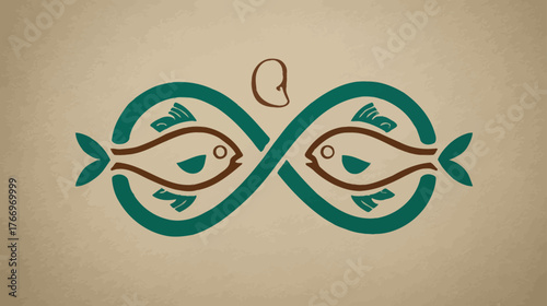 Stylized infinity symbol with two fish intertwined, depicting endless connection and harmony, vintage graphic illustration
