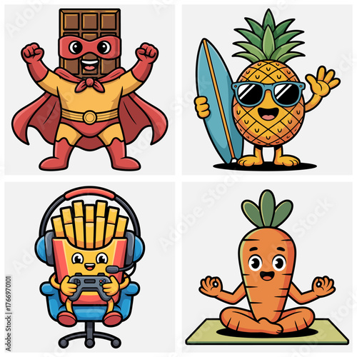 cartoon food character set superhero pineapple surfer gamer fries carrot yoga