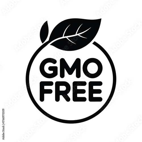 Black and white gmo free seal with leaf emblem