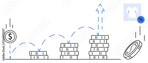 Coins bouncing and stacking upward signify growth with discount percentage and apparel. Ideal for finance, savings, budgeting, e-commerce, sales strategy, investment growth, income. Simple flat