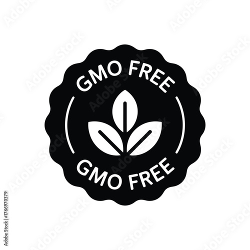 Black and white gmo free seal with leaf icon