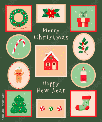 Set of vintage Christmas stickers, frames. Winter holiday stickers, images of a Christmas tree, gingerbread house, gingerbread man, gift, candle, sock, caramel. Vector illustration.