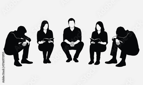 Group therapy session depicted through silhouettes of individuals seated in a circle, each engaged in reading