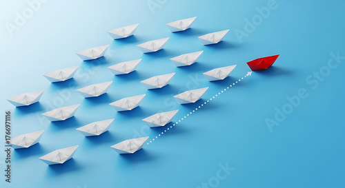 Red paper boat leading a fleet of white boats on a blue background