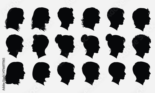 Diverse collection of human head silhouettes in profile view, showcasing a variety of ages, genders, and hairstyles for graphic design elements and identity representation