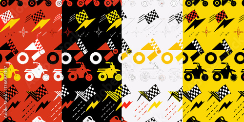 Vibrant motorcycle racing pattern with checkered flags and lightning bolts in red black and yellow
