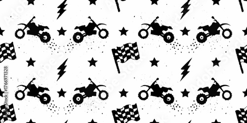 Seamless pattern of black motocross bikes checkered flags stars and lightning bolts on white background