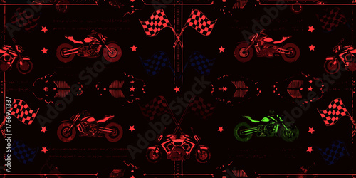 Motorcycle racing checkered flags stars and abstract patterns on a dark background
