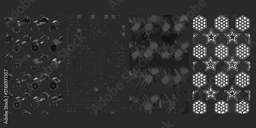 Abstract dark gray background with four distinct geometric and textured patterns