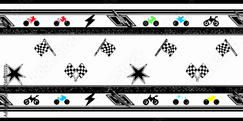 Motorcycle racing theme with checkered flags lightning bolts and stars on a white background