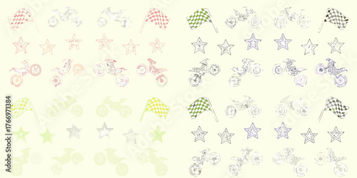 Collection of checkered racing flags and stylized motorcycles with stars in various colors and outlines