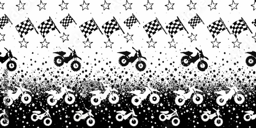 Seamless pattern border with black and white motocross bikes checkered flags and stars