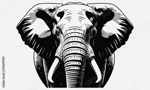 Majestic elephant head illustration in detailed black and white, capturing the formidable presence and noble features of this iconic wild animal, a symbol of strength and wisdom