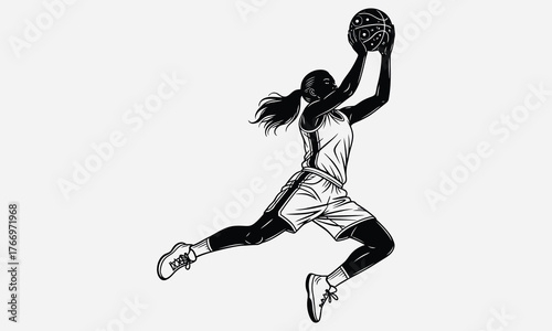 Dynamic monochrome illustration of a female basketball player mid-air, powerfully shooting the ball towards the hoop, embodying athletic strength, focus, and the competitive spirit of the sport