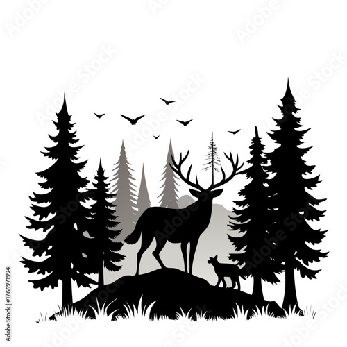Wilderness scene with deer fox pine trees and soaring birds in silhouette