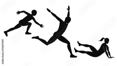 Diverse group of athletes in motion running cycling swimming basketball and yoga poses