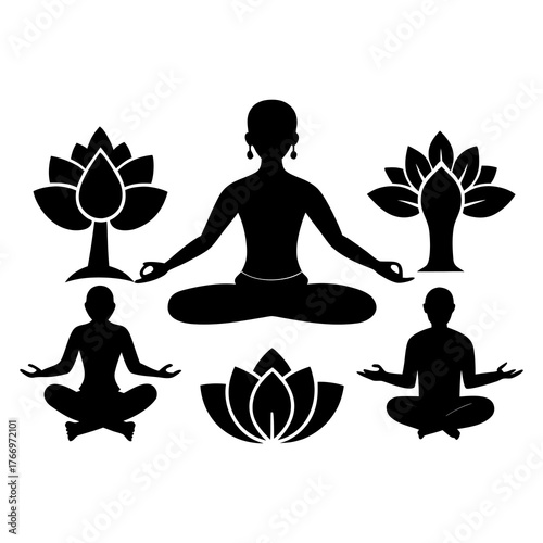 Collection of diverse silhouette yoga poses for wellness and fitness design