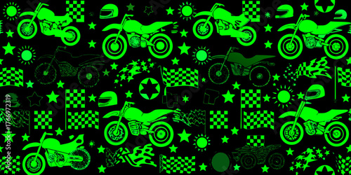 Vibrant green neon motocross dirt bikes and racing elements on a black background