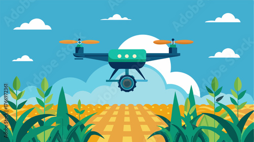 A drone equipped with AI technology flies over a vast crop field collecting and analyzing data on plant health soil quality and weather patterns to provide critical insights to the. Vector