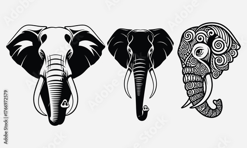 Three artistic elephant head illustrations in black and white with detailed patterns and realistic features