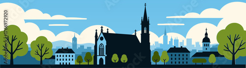 Graz cityscape vector with gothic buildings and linden trees