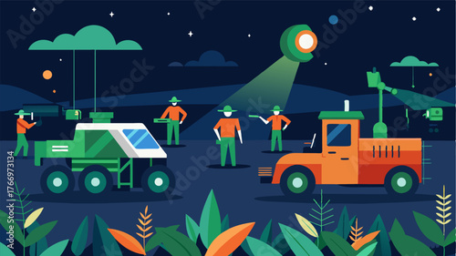 A farm scene where a team of robotic weed control vehicles are working in sync using infrared cameras to identify and remove weeds at night. This allows for continuous weed control. Vector