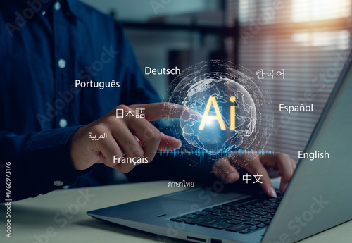 AI translation and multilingual communication technology concept with person interacting on a laptop. Perfect for global business, digital innovation, artificial intelligence,language learning themes.