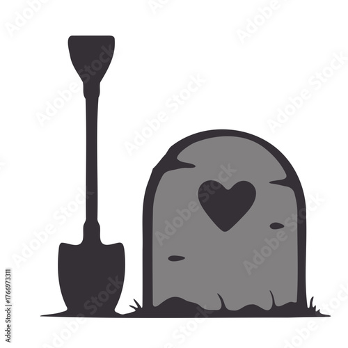 Illustration of a tombstone with a heart and a shovel representing a burial or loss of love