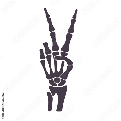 Illustration of a skeleton hand making a peace sign on a white background in a simple vector style