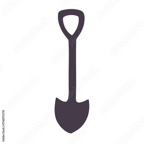Illustration of a simple black shovel with a handle and a pointed blade on a white background image