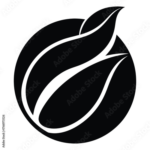 Simple black and white leaves logo with a circular abstract shape evokes elegance