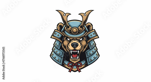 A detailed illustration of a panda wearing a traditional Japanese samurai helmet, smiling.