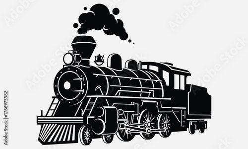 Detailed Black and White Illustration of a Vintage Steam Train with Billowing Smoke