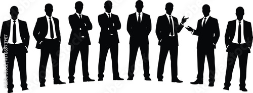 Silhouettes of confident businessmen in suits standing together, professional men team discussing ideas, corporate leadership concept on white background