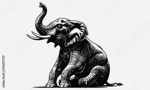 Detailed Engraving of an Elephant with Trunk Raised, Isolated on a White Background