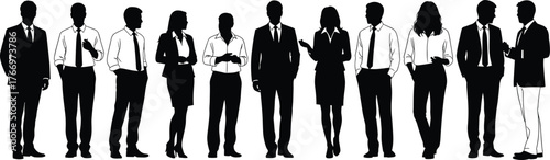 Silhouettes of diverse business professionals, men and women in formal attire, corporate team, leadership concept, networking, communication, white background