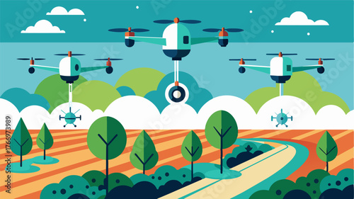 A flock of drones equipped with moisture sensors and autonomous navigation inspecting and irrigating every corner of a large farm to ensure uniform water distribution.. Vector illustration