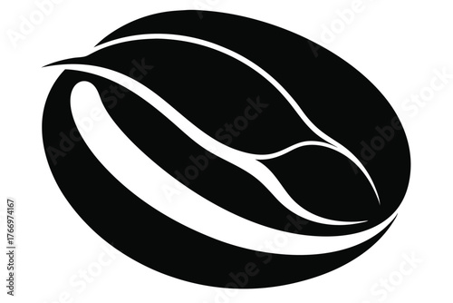 Stylized black and white rendering depicts an elegant coffee bean in minimalist form
