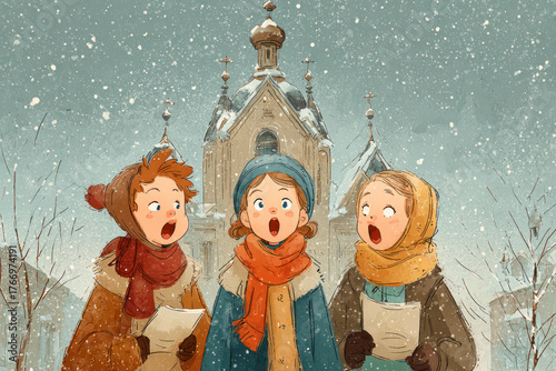 Children singing orthodox christmas carols in snow