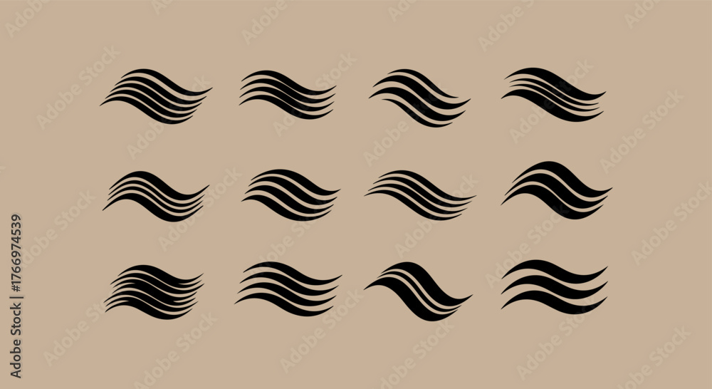 Fototapeta premium Collection of abstract black wavy lines on a beige background
