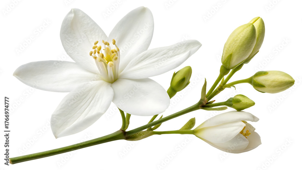 Fototapeta premium Airborne jasmine blossom and unopened bud cut out on PNG. AI GENERATED.