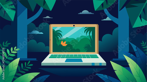 A solitary laptop sits on a veranda its screen filled with the mystical sights of a dense jungle.. Vector illustration