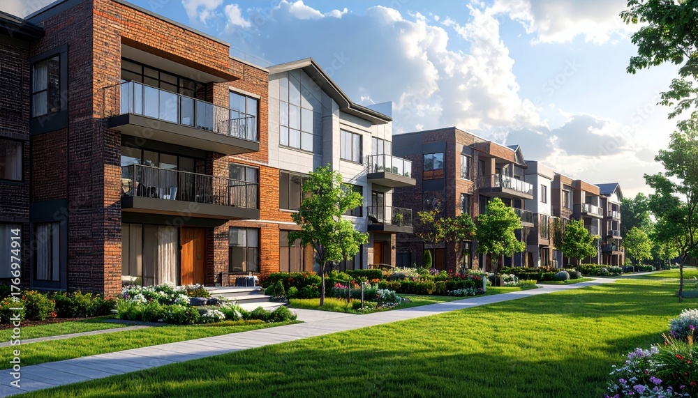 Fototapeta premium Modern multifamily housing property with brick, siding facade features balconies, manicured lawns