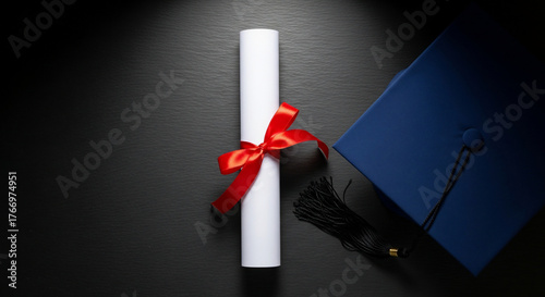 Diploma scroll tied with red ribbon and graduation cap on dark surface.
